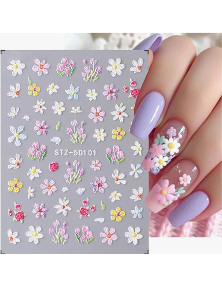 Calcomanías de Uñas 3D JMEOWIO Flores Autoadhesivas 4 Hojas Calcomanías de Uñas 3D JMEOWIO Flores Autoadhesivas 4 Hojas