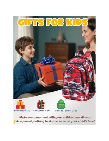 Mochila Escolar BLUEFAIRY 17" para Niños y Niñas Camo Rojo