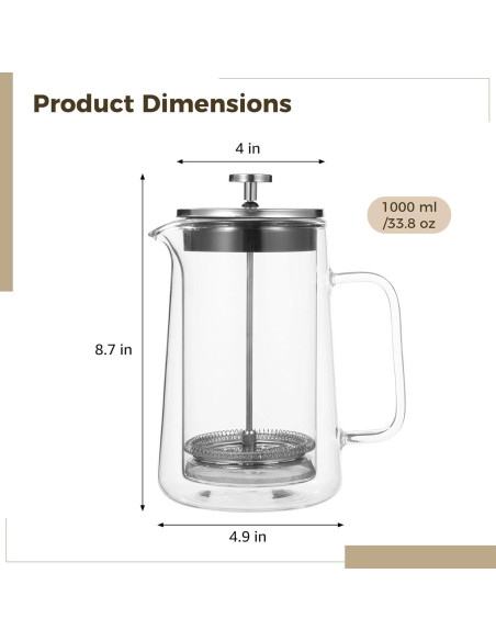 Prensa Cafetera Francesa Anjetan 1000 ml Vidrio Aislado Prensa Cafetera Francesa Anjetan 1000 ml Vidrio Aislado