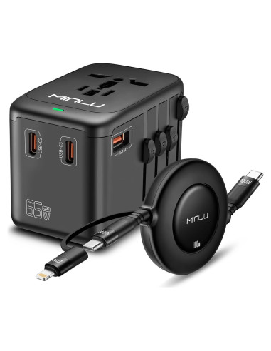 Adaptador de Viaje Universal MINLU 65W con Cable 3-en-1
