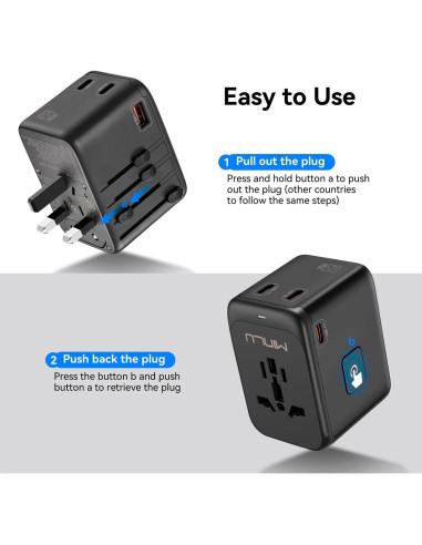 Adaptador de Viaje Universal MINLU 65W con Cable 3-en-1