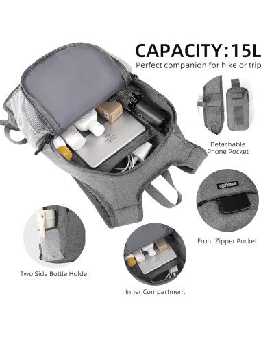 Mochila de Senderismo Plegable 15L Gris con Soporte para Teléfono