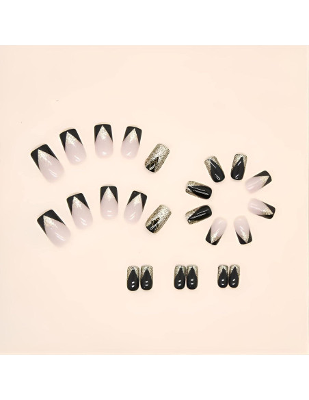 Uñas Postizas Cortas Cuadradas Negras Doradas Nail Gle - 24 Piezas Uñas Postizas Cortas Cuadradas Negras Doradas Nail Gle - 24 Piezas