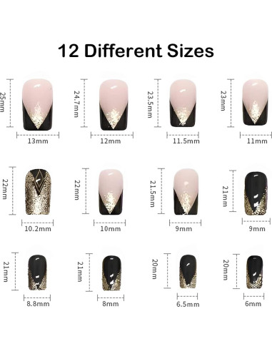 Uñas Postizas Cortas Cuadradas Negras Doradas Nail Gle - 24 Piezas