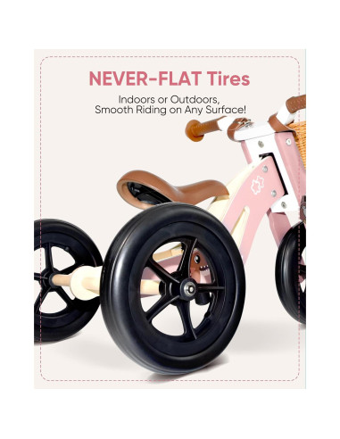 Triciclo de Madera KRIDDO 2 en 1 Rosa para Niños 1-4 Años
