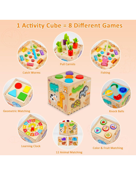 Cubo de Actividad de Madera 8 en 1 HOLA PUZZLE para Niños Cubo de Actividad de Madera 8 en 1 HOLA PUZZLE para Niños