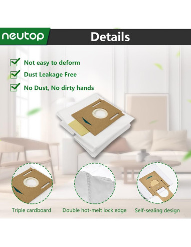 Bolsas de polvo desechables Neutop para Ecovacs Deebot T8, N8, N10 - Paquete de 9