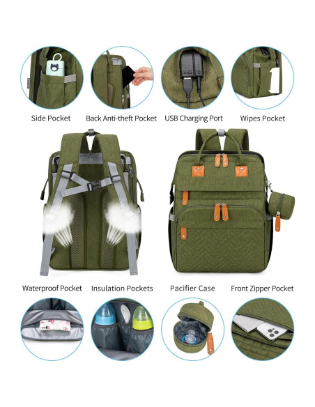 Mochila para Pañales KABAQOO Verde Militar 35L Multifuncional Mochila para Pañales KABAQOO Verde Militar 35L Multifuncional
