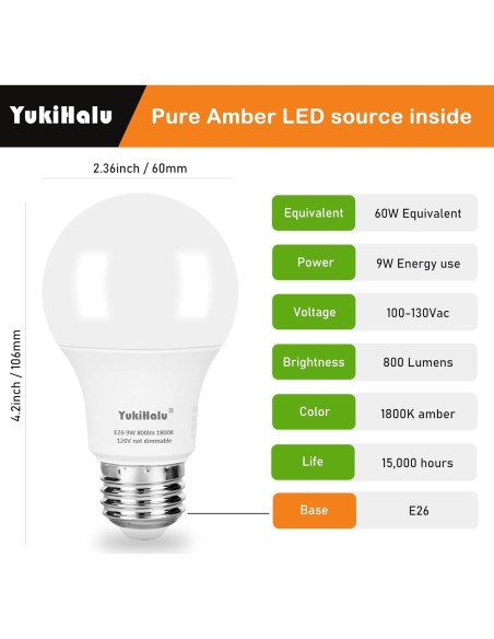 Bombillas LED Ámbar YukiHalu A19 1800K E26 800Lm Paquete 2 Bombillas LED Ámbar YukiHalu A19 1800K E26 800Lm Paquete 2