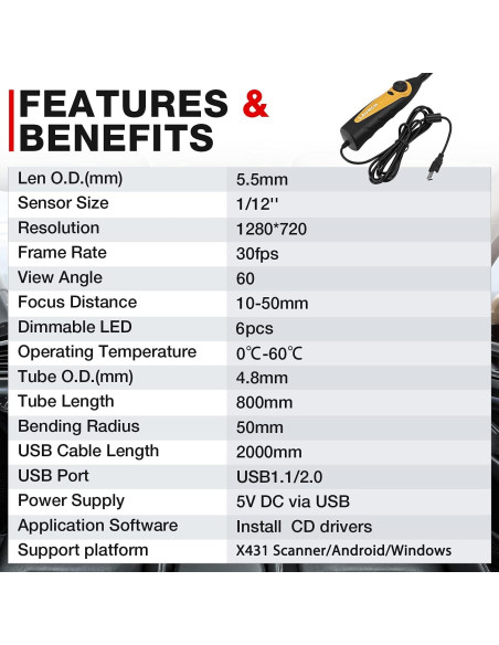 Endoscopio USB LAUNCH VSP-600, 2m, IP67, 6 LED, HD Endoscopio USB LAUNCH VSP-600, 2m, IP67, 6 LED, HD
