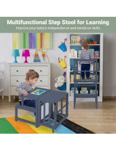 Torre de Pie Multifuncional COSYLAND 3 en 1 para Niños - Taburete de Cocina con Pizarra y Barandilla de Seguridad 2