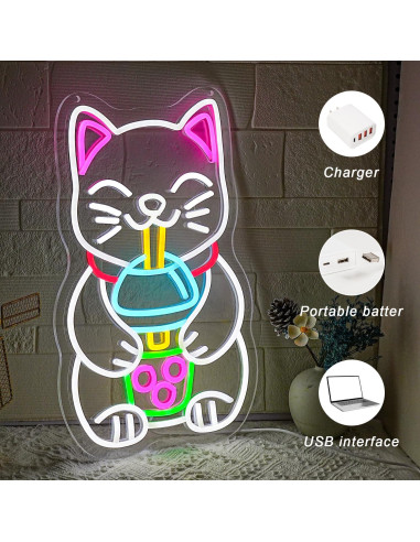 Cartel de Neón LED Gato Bebiendo Té de Boba 42 cm - Gyaksjm