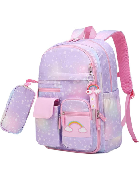 Mochila Escolar para Niñas Arcoíris con Estuche Púrpura Mochila Escolar para Niñas Arcoíris con Estuche Púrpura