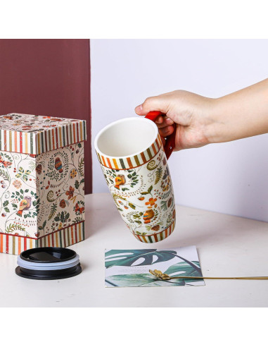 Taza de Cerámica Topadorn 500 ml con Tapa y Asa Floral
