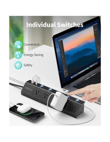 Regleta de Enchufes Plana HOPOW 3m 5 Salidas 4 USB Carga Rápida
