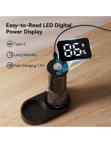 Juego de Molinillos Eléctricos de Sal y Pimienta TOMEEM - Recargables, 5 Niveles, Luz LED Juego de Molinillos Eléctricos de Sal y Pimienta TOMEEM - Recargables, 5 Niveles, Luz LED
