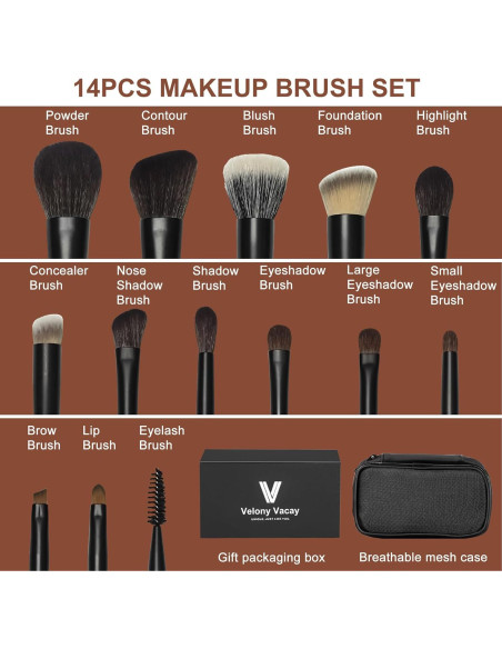 Juego de Brochas de Maquillaje Veganas Velony Vacay 14 Piezas Juego de Brochas de Maquillaje Veganas Velony Vacay 14 Piezas