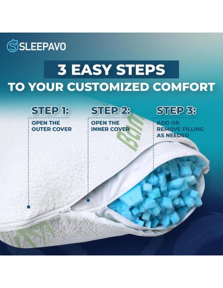 Juego de 2 almohadas ajustables Sleepavo tamaño queen - Espuma viscoelástica enfriadora Juego de 2 almohadas ajustables Sleepavo tamaño queen - Espuma viscoelástica enfriadora