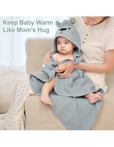 Toalla de Baño para Bebés FIOBEE 100% Muselina Oso Gris 76x76cm
