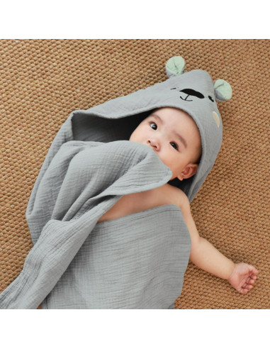 Toalla de Baño para Bebés FIOBEE 100% Muselina Oso Gris 76x76cm