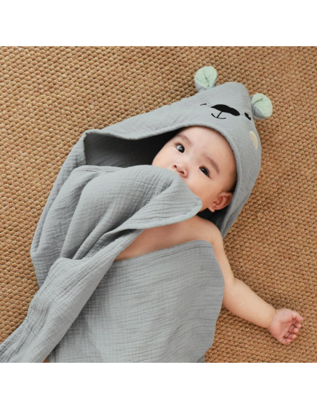 Toalla de Baño para Bebés FIOBEE 100% Muselina Oso Gris 76x76cm Toalla de Baño para Bebés FIOBEE 100% Muselina Oso Gris 76x76cm
