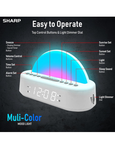 Reloj Despertador Amanecer Sharp con Luz Multicolor y Sonidos