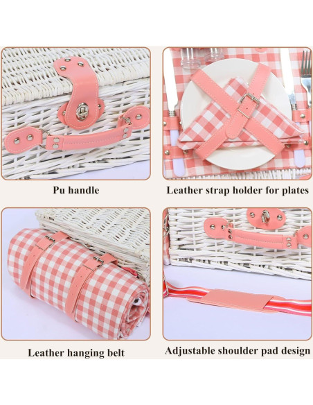 Cesta de Picnic para 2 HYBDAMAI con Manta Impermeable Rosa Cesta de Picnic para 2 HYBDAMAI con Manta Impermeable Rosa