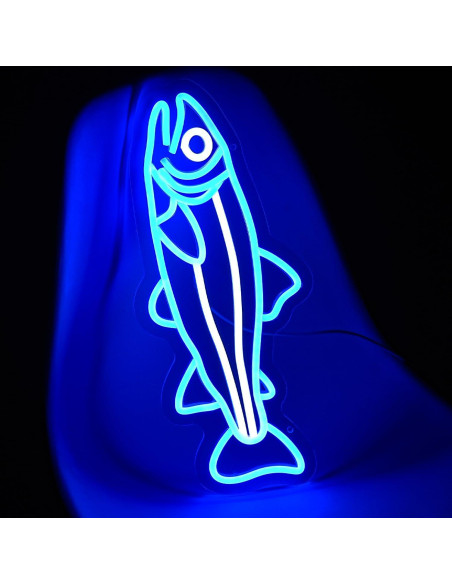 Letrero de Neón Pescado Salmón Azul 41.91x17.78cm LED Letrero de Neón Pescado Salmón Azul 41.91x17.78cm LED
