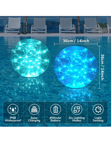 Luces Flotantes para Piscina Bawoo, 2PCS Solar IP68 35.56cm