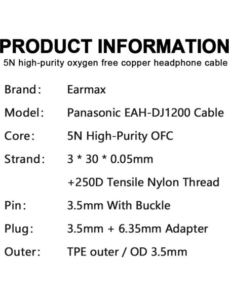 Cable OFC 5N Earmax para auriculares Technics EAH-DJ1200 2m