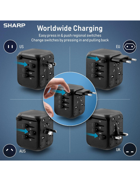Adaptador de Viaje Universal SHARP con 4 Puertos USB - Negro Adaptador de Viaje Universal SHARP con 4 Puertos USB - Negro