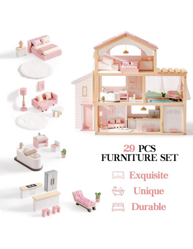 Casa de Muñecas de Madera ROBOTIME Rosa con 29 Muebles