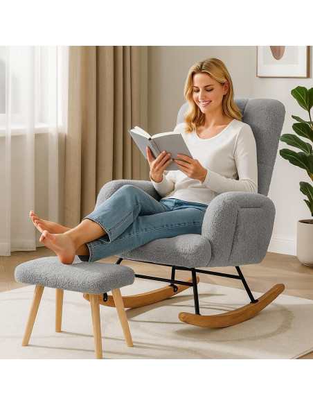 Silla Mecedora COMHOMA con Otomán Gris, Ergonomía y Confort Silla Mecedora COMHOMA con Otomán Gris, Ergonomía y Confort