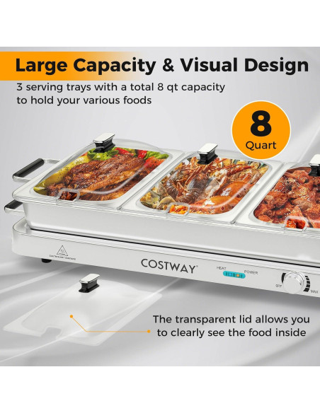 Buffet Calentador Eléctrico COSTWAY 450W 8 Qt 3 Bandejas Buffet Calentador Eléctrico COSTWAY 450W 8 Qt 3 Bandejas
