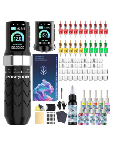 Kit de Tatuaje Inalámbrico Poseidon con 20 Agujas y 2 Baterías