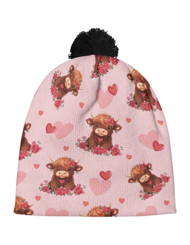 Gorro de Invierno Unisex para Niños con Pompones - Vaca Rosa