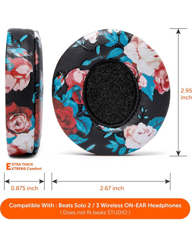 Almohadillas de Repuesto Wicked Cushions para Beats Solo 2 y 3 - Cuero Suave, Espuma de Memoria, Color Negro Floral