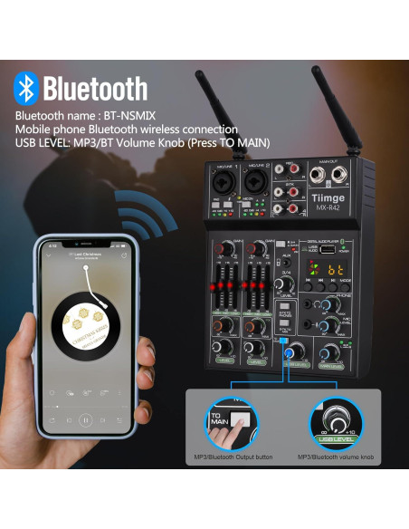 Mezclador de Audio Profesional Tiimge MX-R42 4 Canales USB Bluetooth Mezclador de Audio Profesional Tiimge MX-R42 4 Canales USB Bluetooth