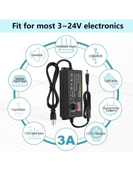 Adaptador de Poder Ajustable TOUS 3V-24V 3A 72W AC/DC Adaptador de Poder Ajustable TOUS 3V-24V 3A 72W AC/DC
