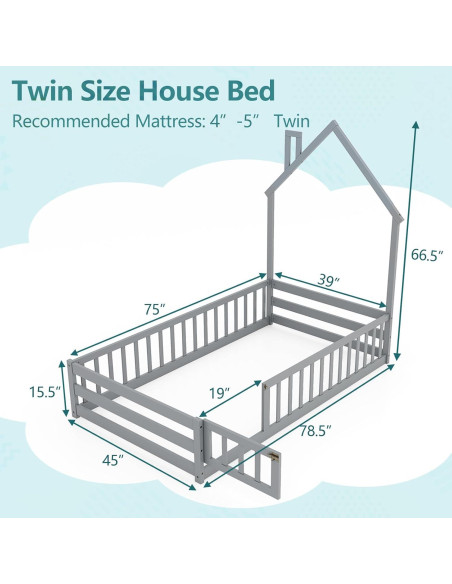 Cama de Piso Twin Giantex Montessori Casa Madera Gris Cama de Piso Twin Giantex Montessori Casa Madera Gris