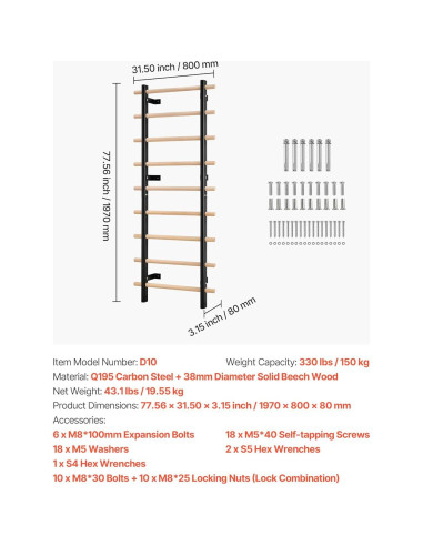 Escalera Sueca VEVOR 9 Niveles 150 kg Madera y Acero