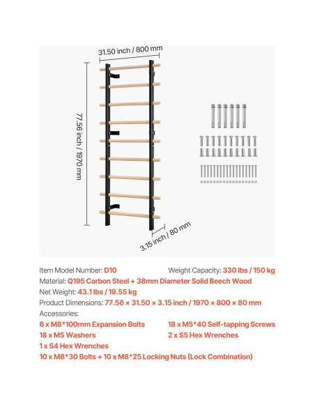 Escalera Sueca VEVOR 9 Niveles 150 kg Madera y Acero Escalera Sueca VEVOR 9 Niveles 150 kg Madera y Acero
