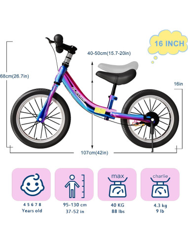Bicicleta de Equilibrio Bueuwe 16 Pulgadas Arcoíris con Frenos