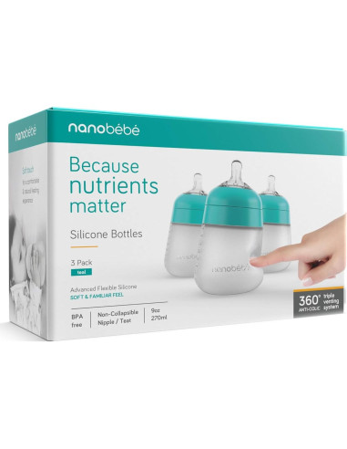 Botellas de Silicona Flexy Nanobebe Anti-Cólico 266 ml - Paquete de 3