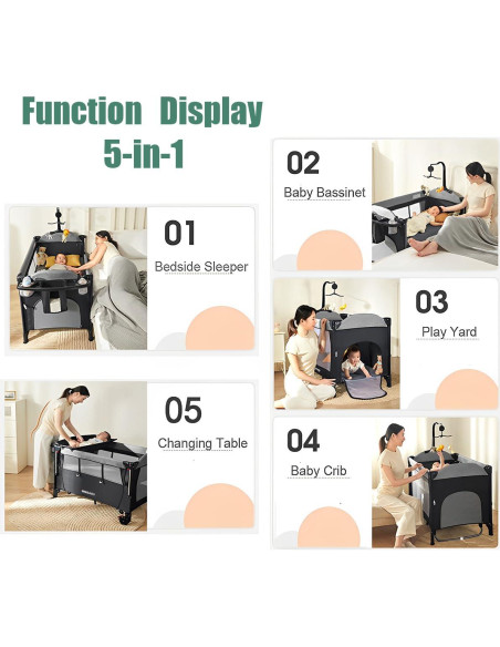 Cuna Portátil 5-en-1 MMBABY Negra, Cuna al Lado de la Cama Cuna Portátil 5-en-1 MMBABY Negra, Cuna al Lado de la Cama