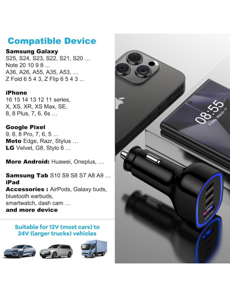 Cargador de Auto Rápido 90W 4 Puertos USB-C/A SHENZHEN Cargador de Auto Rápido 90W 4 Puertos USB-C/A SHENZHEN