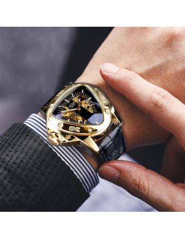 Reloj Mecánico Winner Automático Esfera Triangular Negro Dorado
