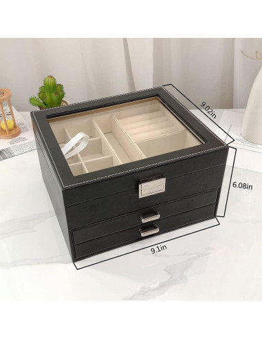 Caja de Joyería BOOVO Negra 3 Capas con Tapa Transparente