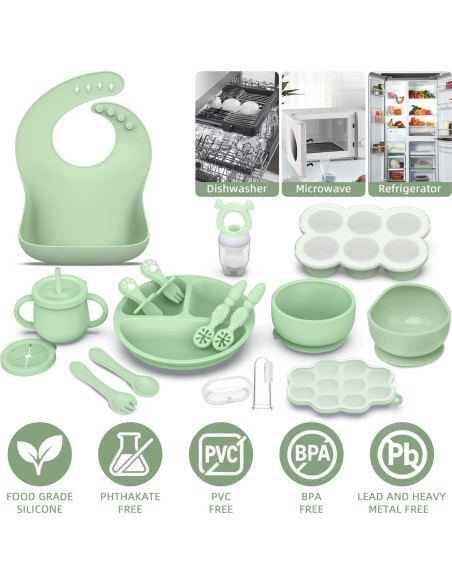 Set de Alimentación de Silicona para Bebés 16 Piezas Verde Set de Alimentación de Silicona para Bebés 16 Piezas Verde