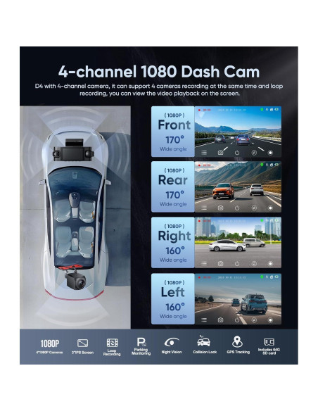 Cámara Dash 360 AINAVIGO 4 Canales 1080P con IR y G-Sensor Cámara Dash 360 AINAVIGO 4 Canales 1080P con IR y G-Sensor